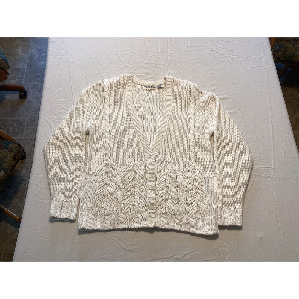 vtg Allison Smith cardigan L cream knit braided cable pattern button down v neck